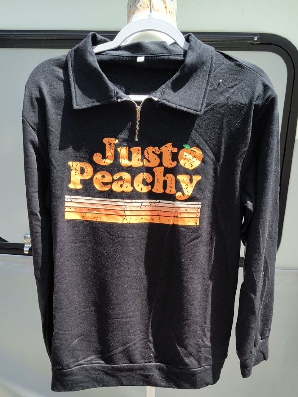 Just Peachy Small Black Pullover with Orange Graphic, Partial Zip, Cuffs, NWOT